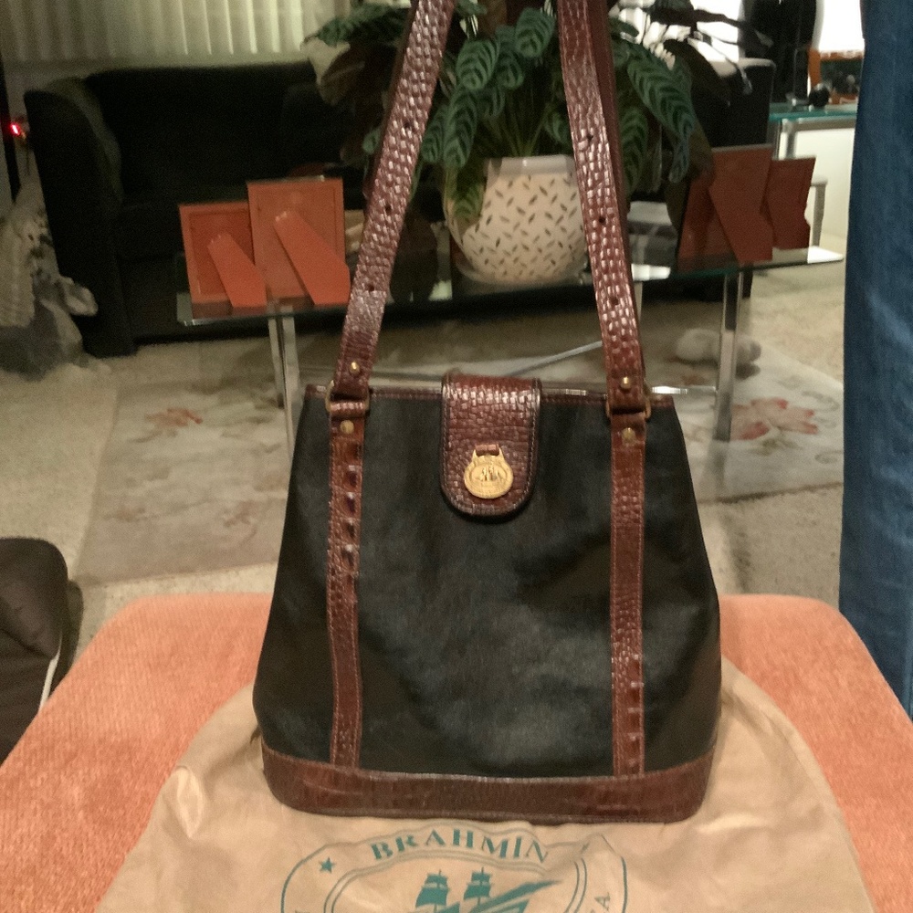 Brahmin Black and Mahogany Croc Shoulder Bag